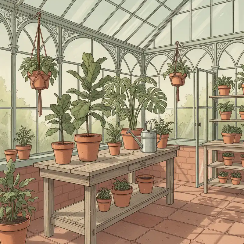 Lush greenhouse conservatory with potted plants and watering can