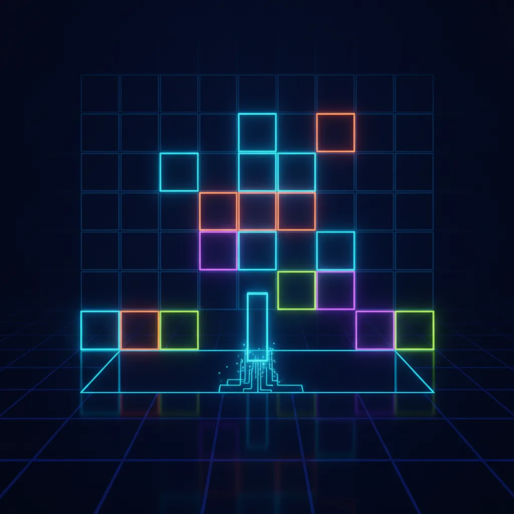 Vibrant glowing tetrominoes neatly stacked in a matrix grid with an I-piece completing a line